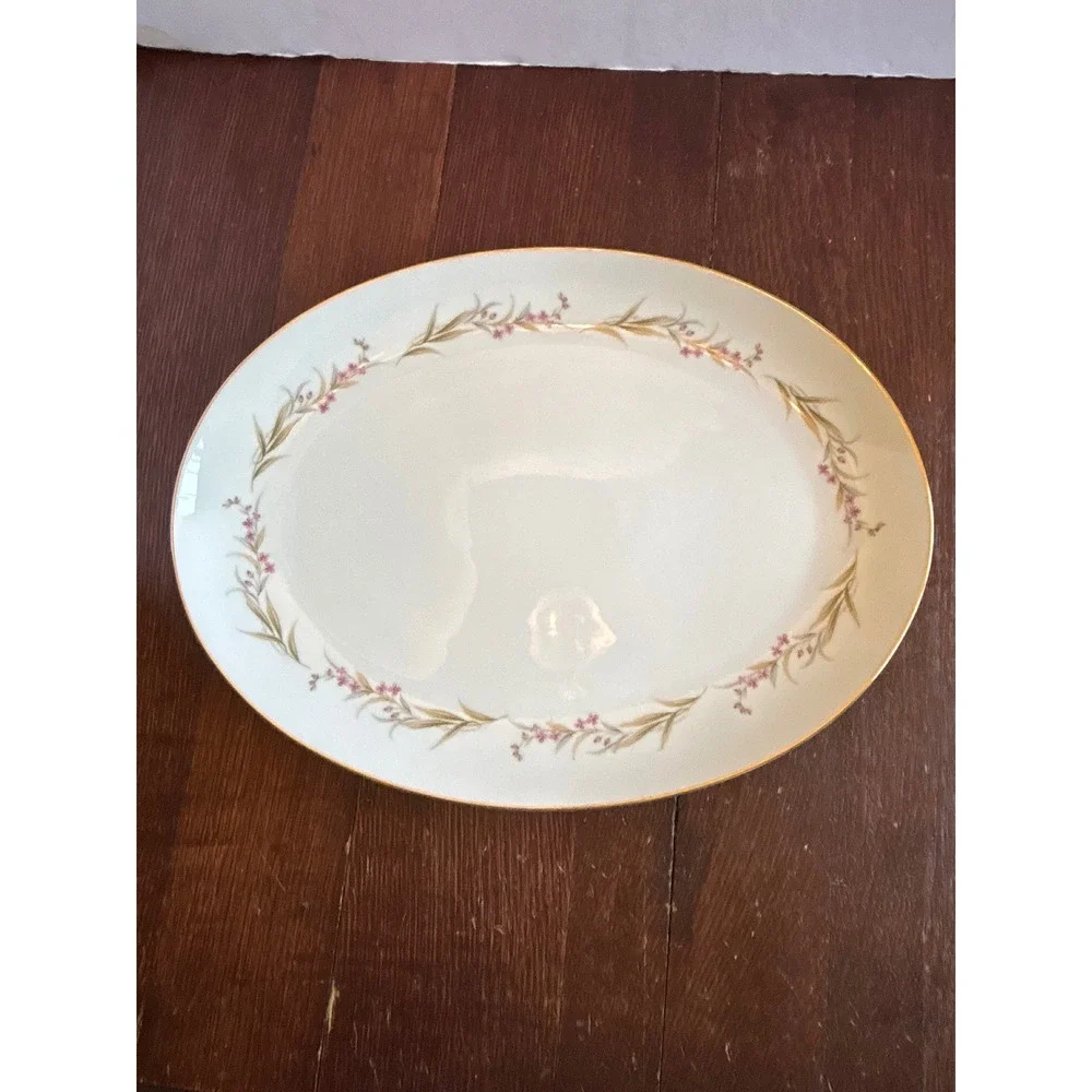 Prestige Fine China Japan Oval Serving Platter Pink Floral Gold Rim 14 Inch